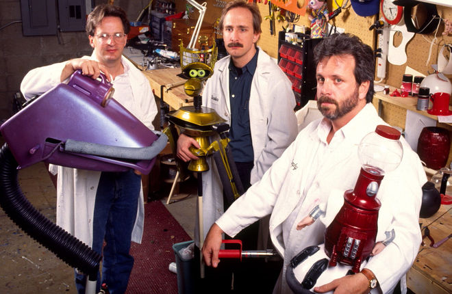 Jim Mallon (Gypsy), Trace Beaulieu (Crow T. Robot), and Kevin Murphy (Tom Servo)